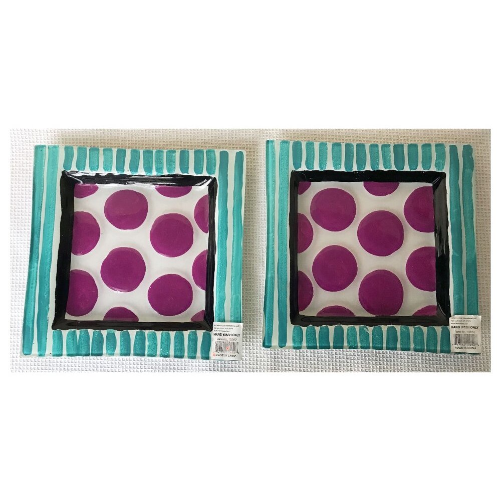 SET OF 2 Dennis East International 7" Square Dish Aqua Stripe Fuchsia Polka Dots